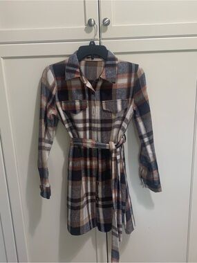 SHEIN Plaid Button-Front Shirt Dress with Waist Tie
